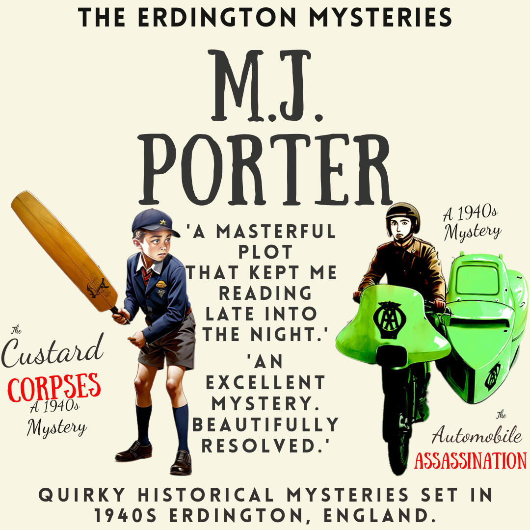 The image shows a young boy playing cricket and a man on a sidecar. There are also quotes from reviews for the first 2 books in the Erdington Mysteries